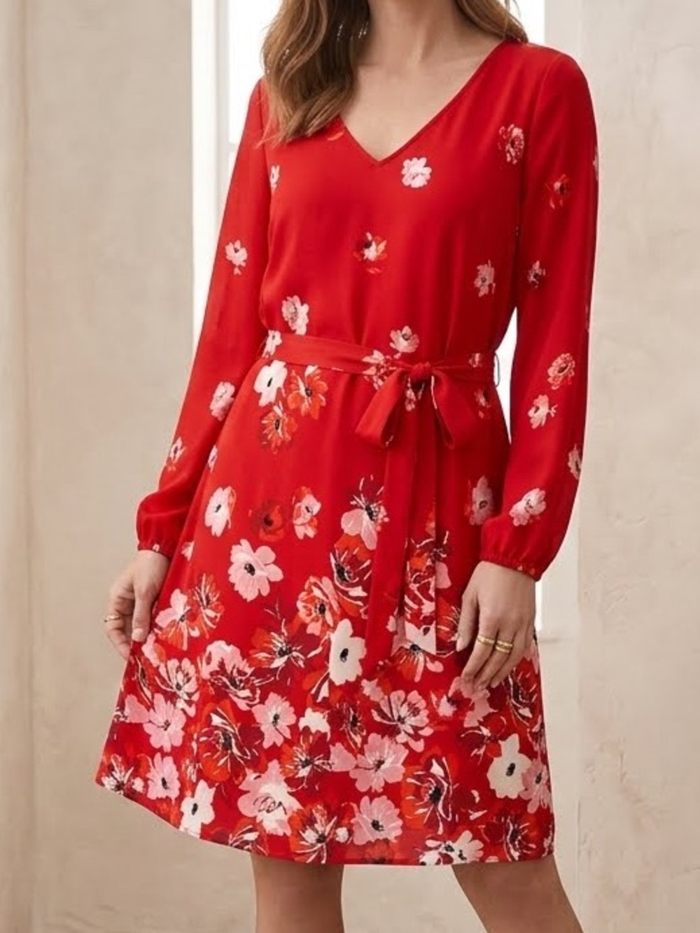 White House Black Market Dress Red Floral V-Neck Long Sleeve Tie-Waist sz 14